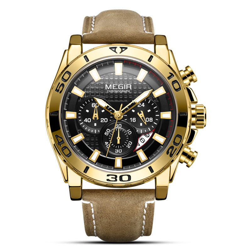 A men's Megir analog watch with a black dial and a black leather band.