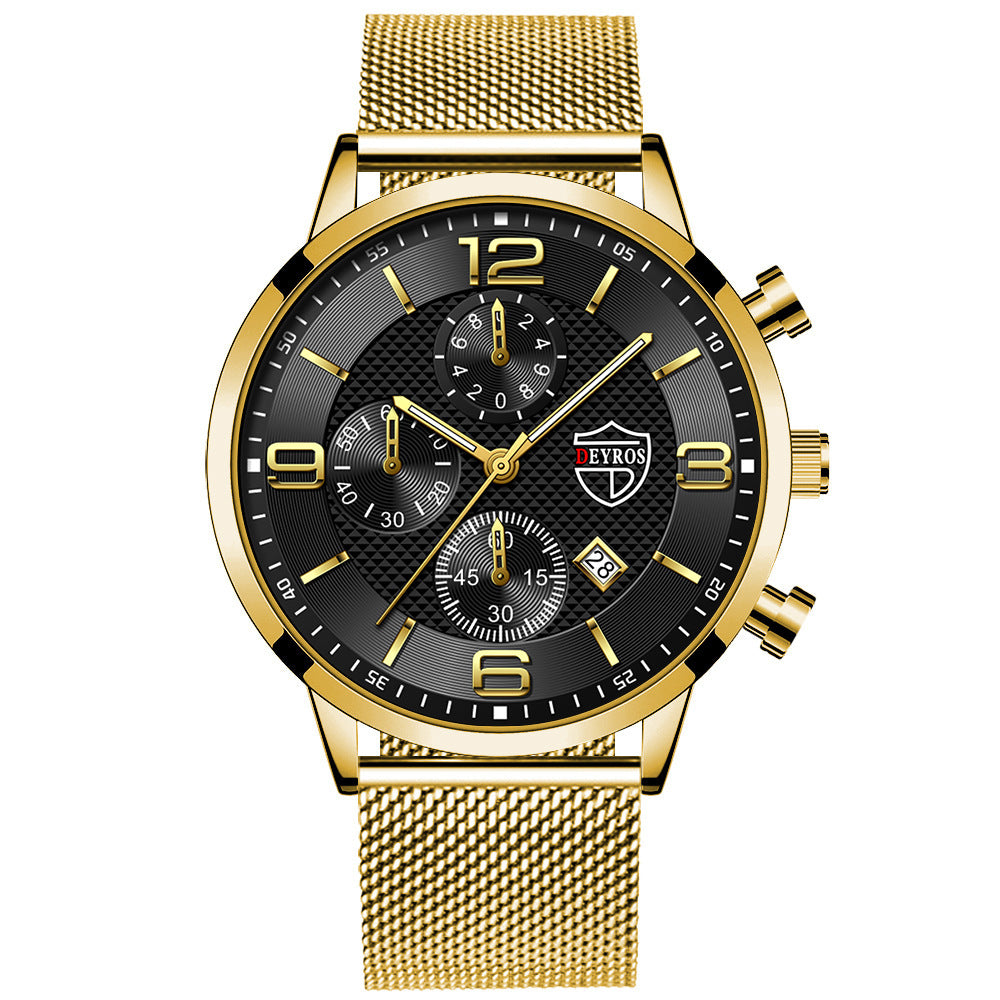 A black analog wristwatch with a stainless steel band and a dial featuring multiple subdials and a calendar display.