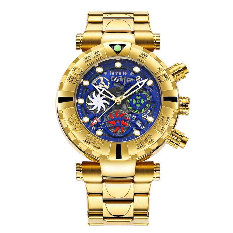 A men's luminous waterproof multifunctional watch with a gold band and blue dial, featuring a spiral crown and a double side press buckle.