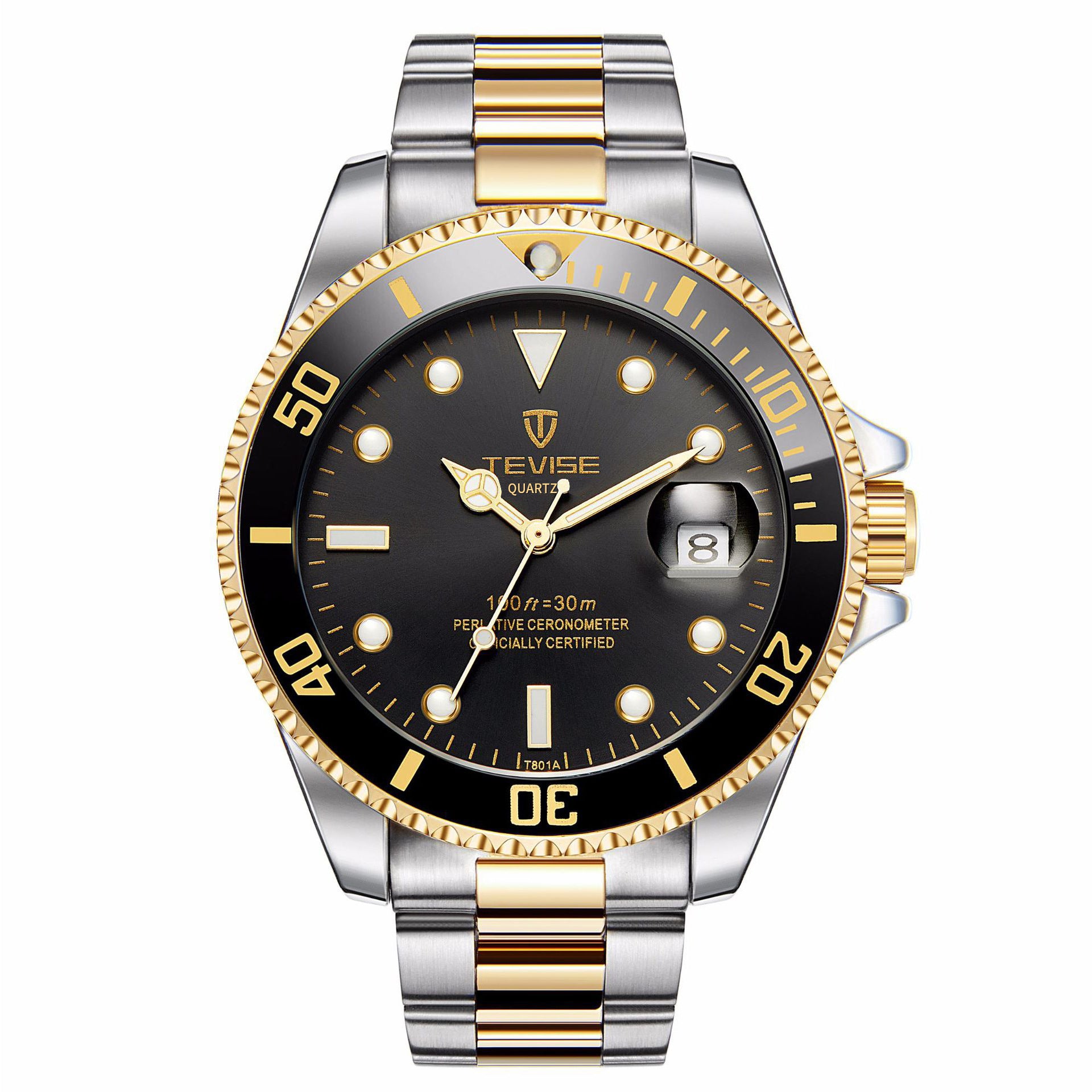 A silver stainless steel men's quartz watch with a green dial and luminous hands, a date display, and a stainless steel bracelet.