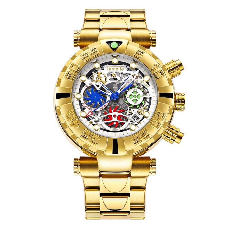 A men's luminous waterproof multifunctional watch with a gold band and blue dial, featuring a spiral crown and a double side press buckle.