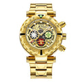 A men's luminous waterproof multifunctional watch with a gold band and blue dial, featuring a spiral crown and a double side press buckle.
