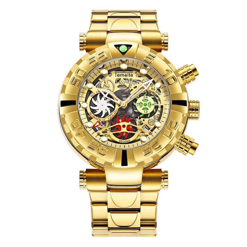 A men's luminous waterproof multifunctional watch with a gold band and blue dial, featuring a spiral crown and a double side press buckle.