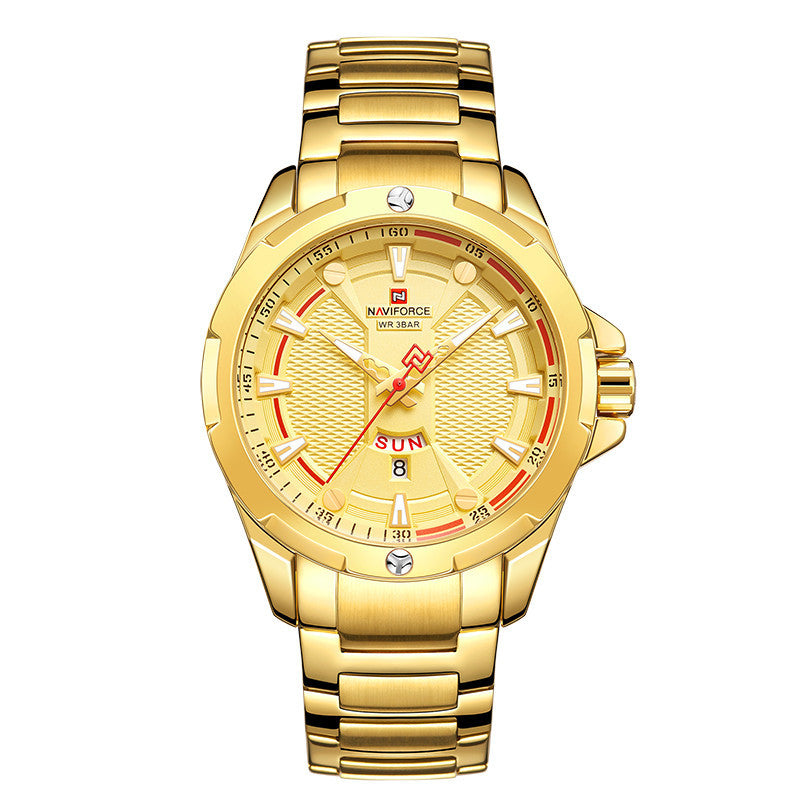 A black analog watch with a stainless steel strap and a dial featuring red and white accents, along with a date display.
