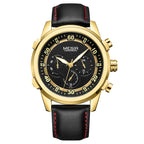 A gold and black colored men's quartz chronograph watch with a leather band and a mult-function calendar display.