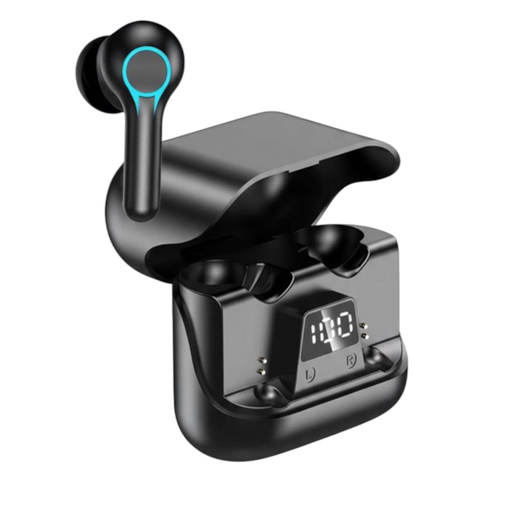 Black wireless earbuds with charging case on a white background