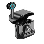 Black wireless earbuds with charging case on a white background