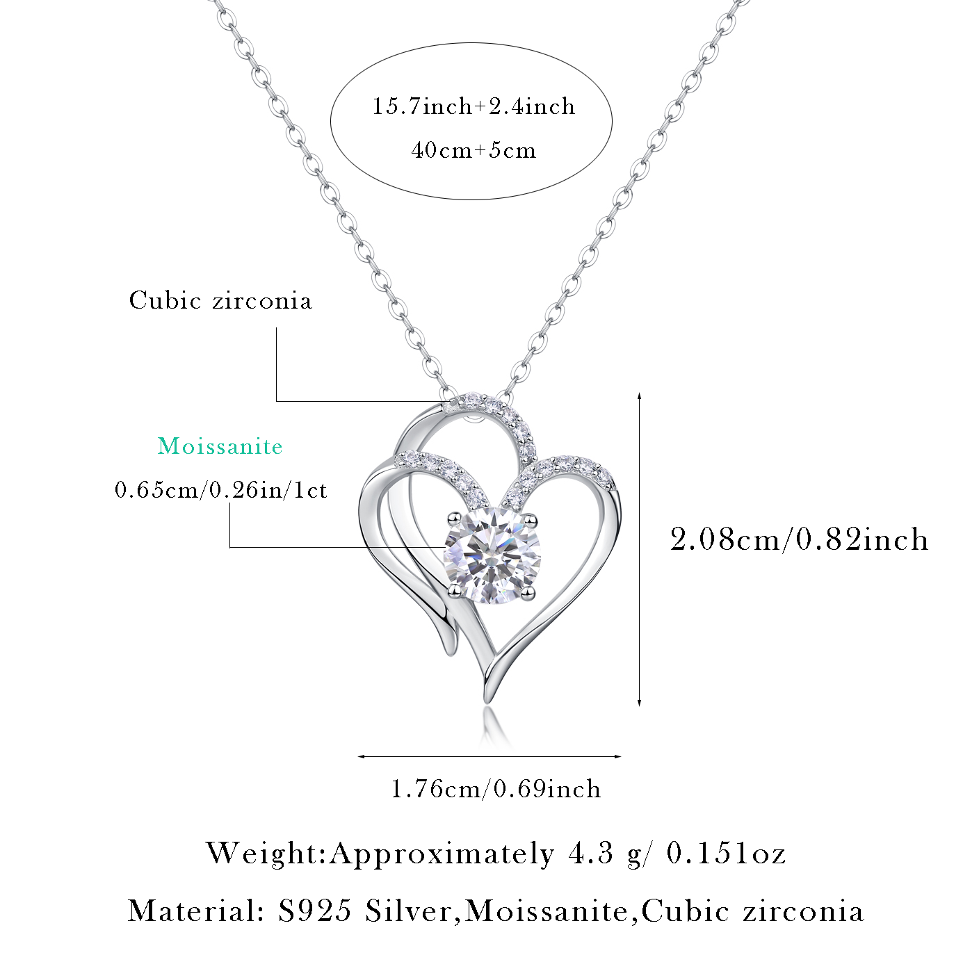 Women Luxury Necklace 925 Sterling Silver Moissanite Diamond Heart To Heart Connected Fashion Women Pendant Necklace