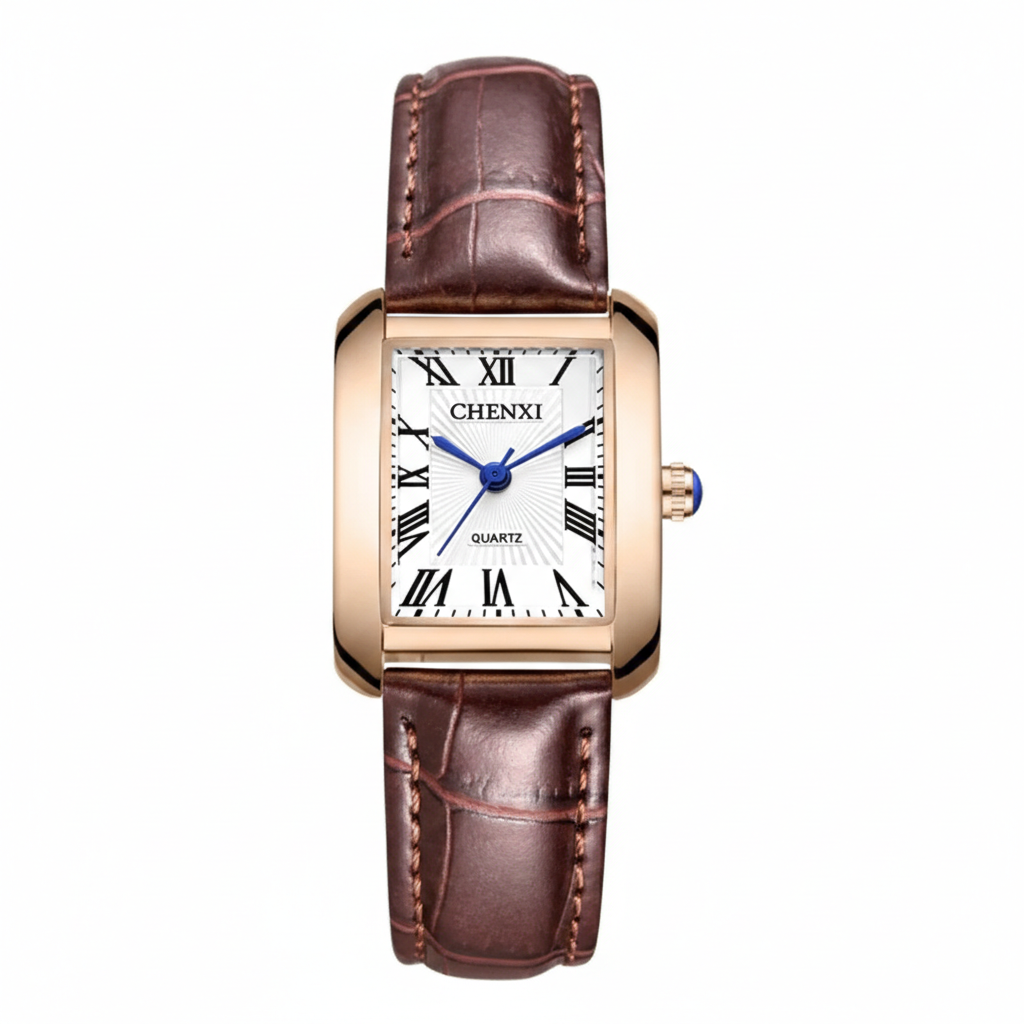 Watch with brown leather strap and white face on a white background