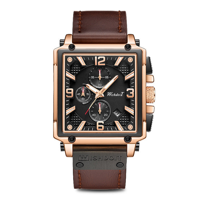 A men's square-shaped watch with a brown leather band and rose gold case, featuring a black dial with indicator needles and a spiral crown.