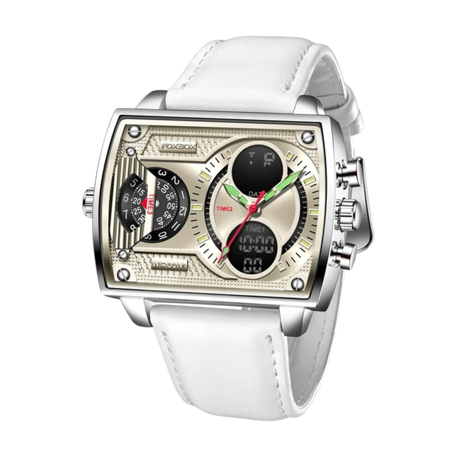 White wristwatch with a detailed face on a white background