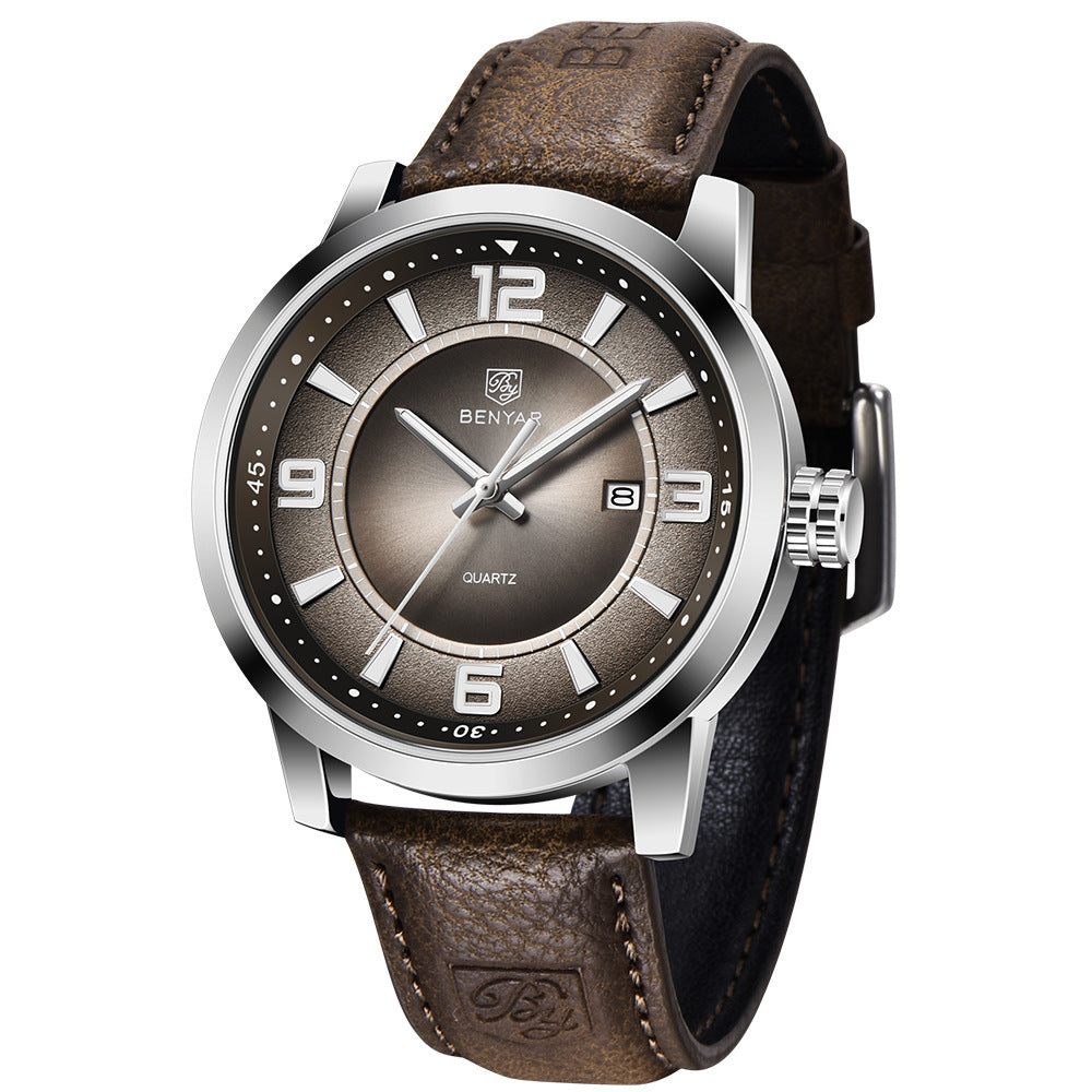 A black Benya men's quartz watch with a leather strap and a stainless steel case.