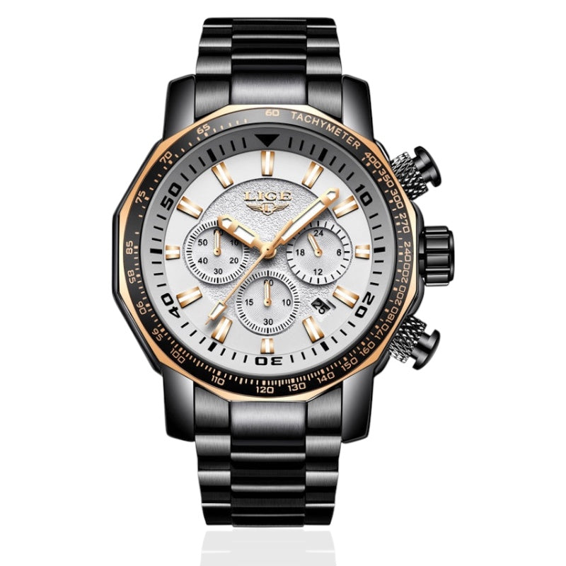 Luxury watch with black and rose gold design on a white background