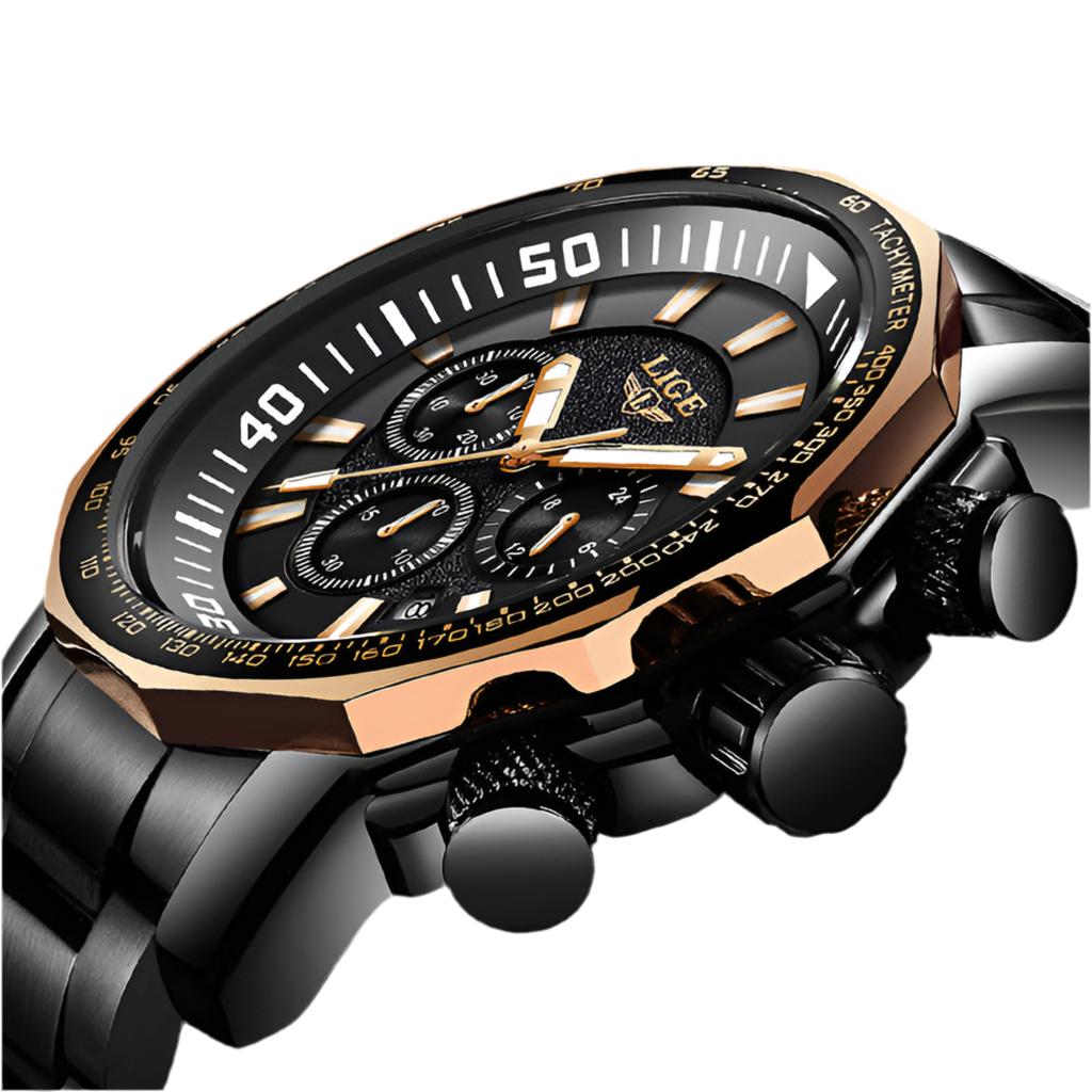 Luxury watch with black and rose gold design on a white background