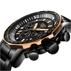 Luxury watch with black and rose gold design on a white background