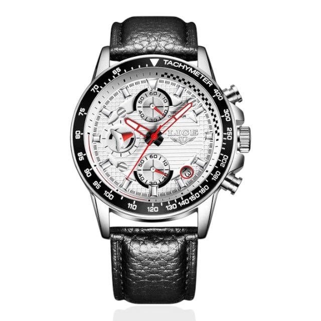 Wristwatch with black leather strap and detailed face on a white background