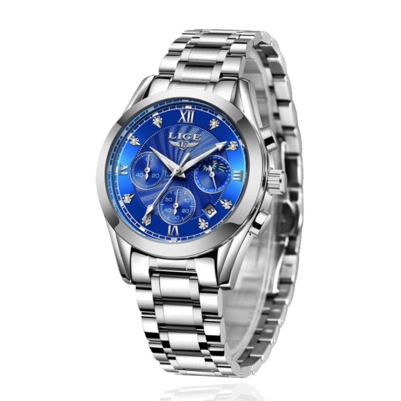 Silver wristwatch with a blue face on a white background