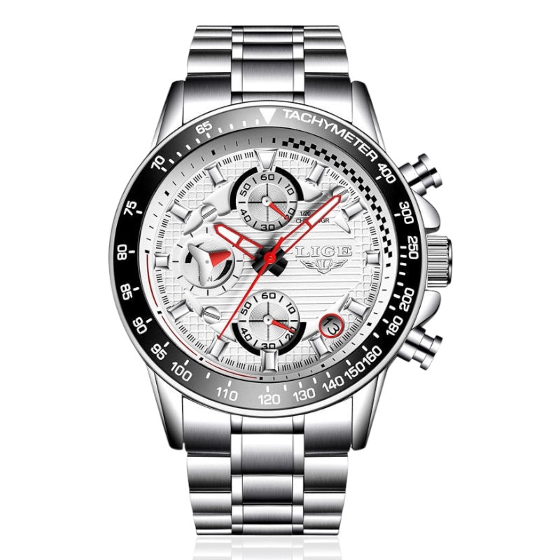 Silver wristwatch with a white face on a white background