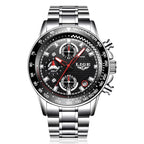 Silver wristwatch with black dial on a white background