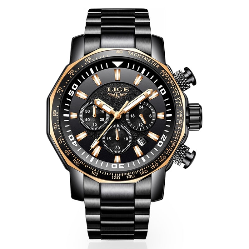 Black and gold LIGE watch on a white background