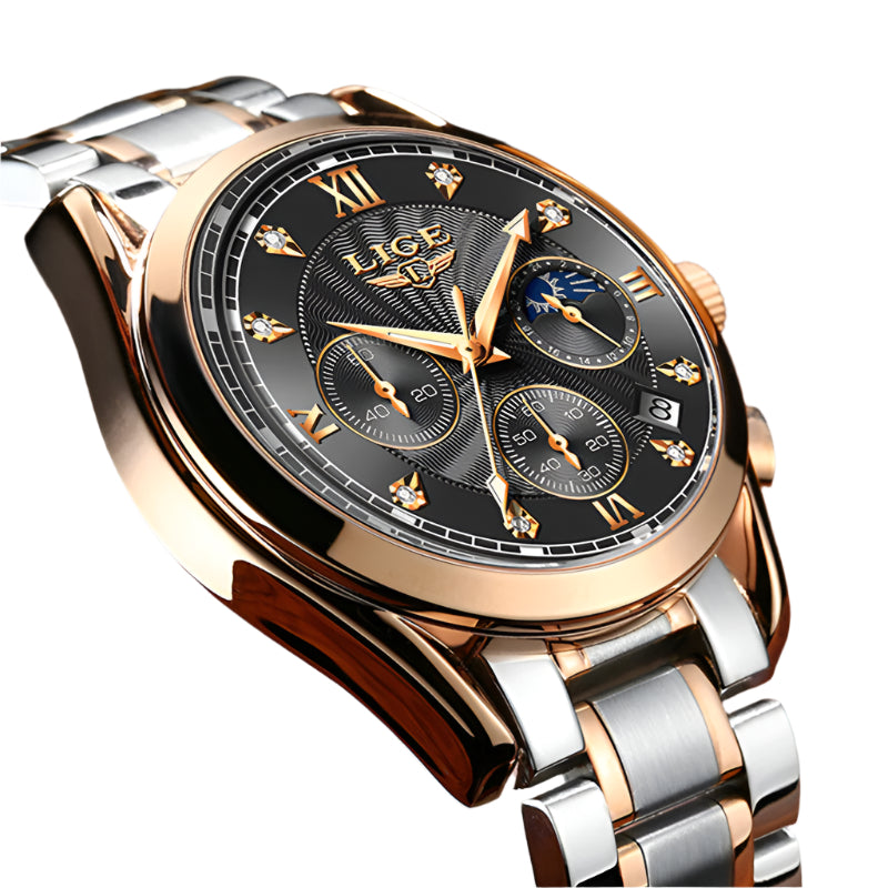 Luxury watch with detailed face and rose gold and silver band on wooden surface