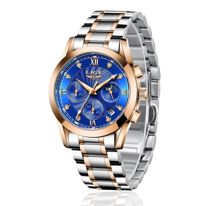 Luxury watch with blue dial and rose gold accents on a white background