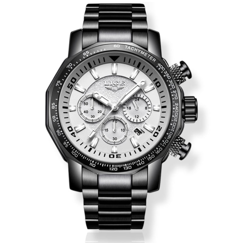 Black wristwatch with a detailed face on a white background