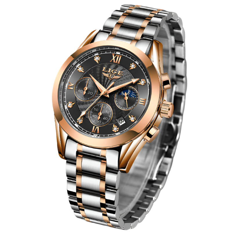 Luxury watch with rose gold and silver band on white background