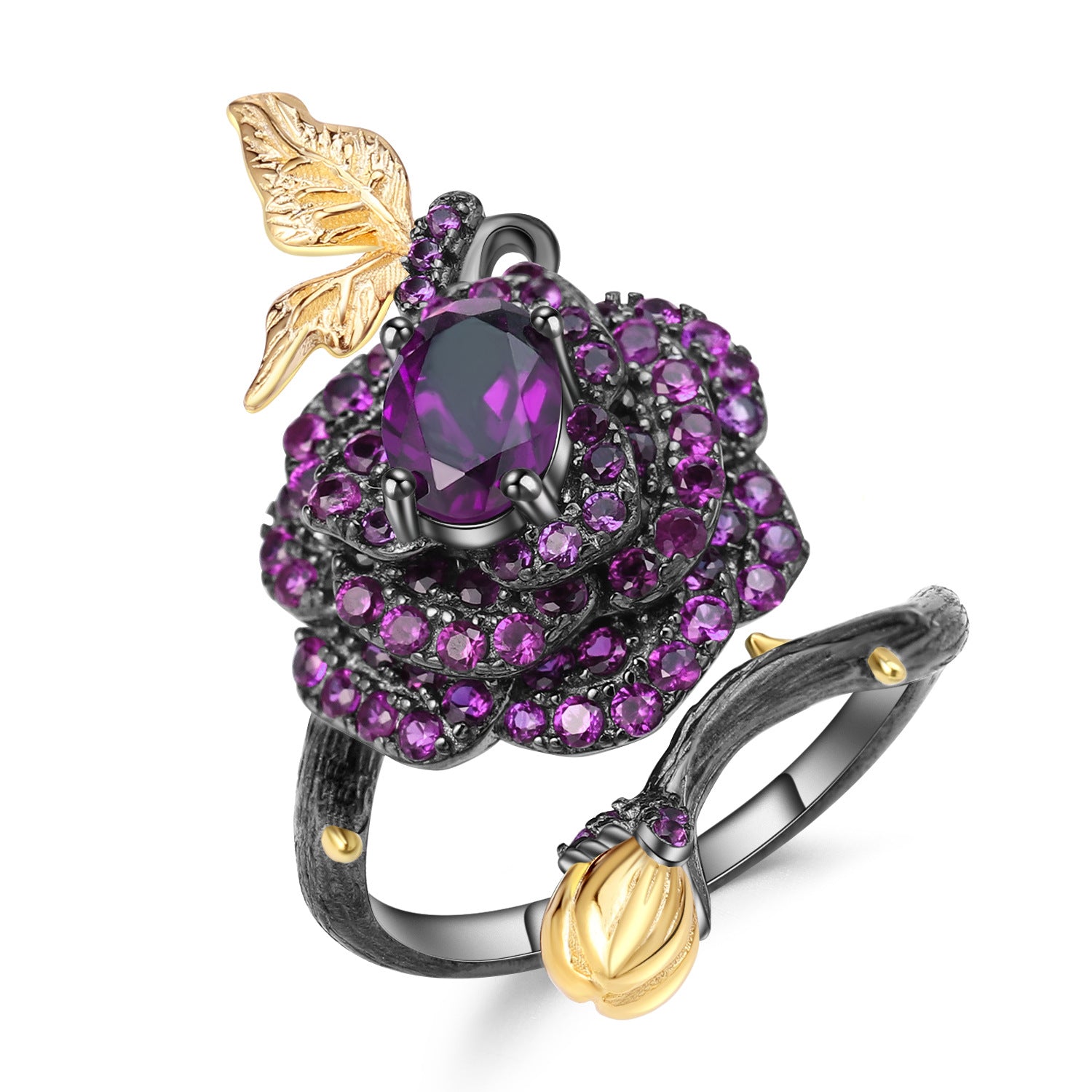 Fashion Women's Ring Vintage Style S925 Silver Gemstone Ring Secret Garden Rose Design with Natural Colorful Stones