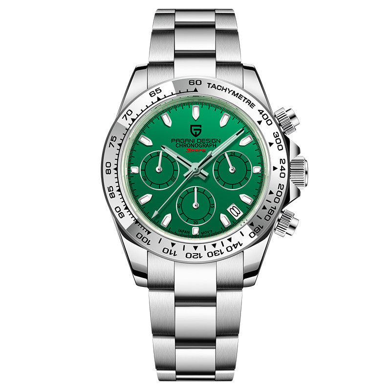 A men's quartz watch with a green dial, stainless steel bracelet, and luminous hands.