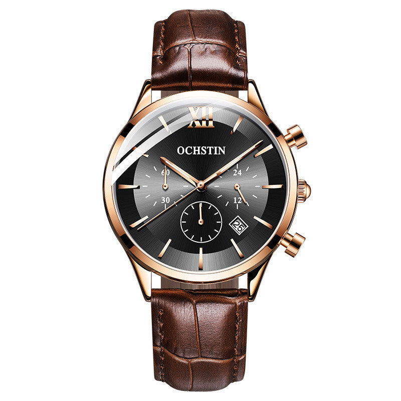 A men's OCHSTIN watch with a black leather band and rose gold case, featuring a black dial with multiple sub-dials and a date display.