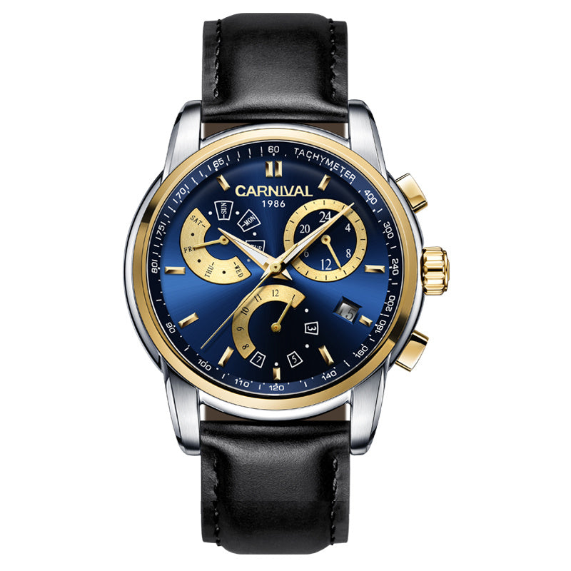 A men's mechanical watch with a blue dial, stainless steel case, and a black leather strap.