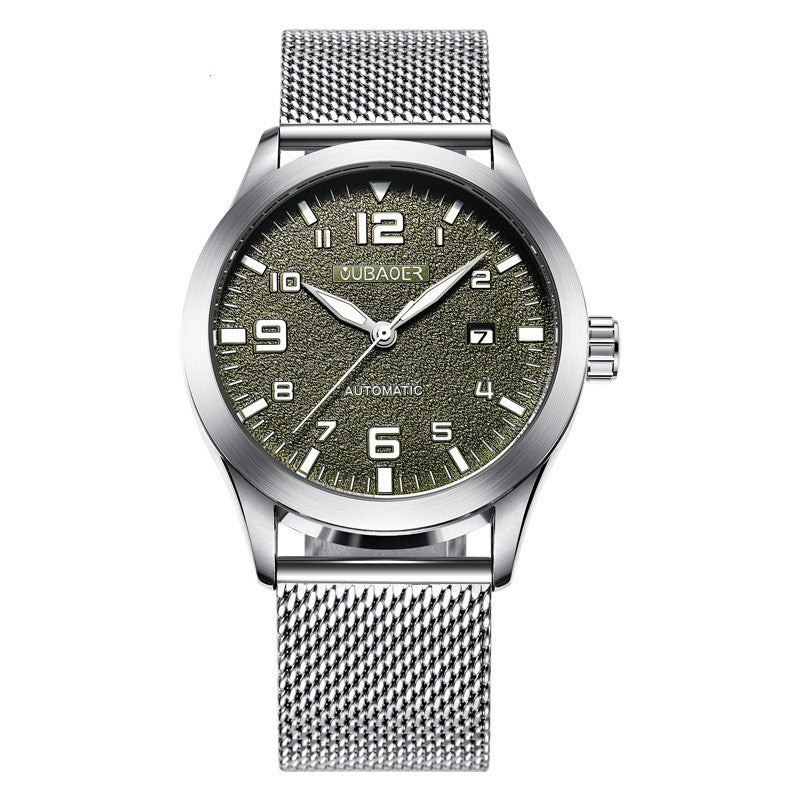 A stainless steel mechanical watch with a green dial and a metallic mesh band. The watch has a date display and is labeled with 'CUBAEX' on the dial.