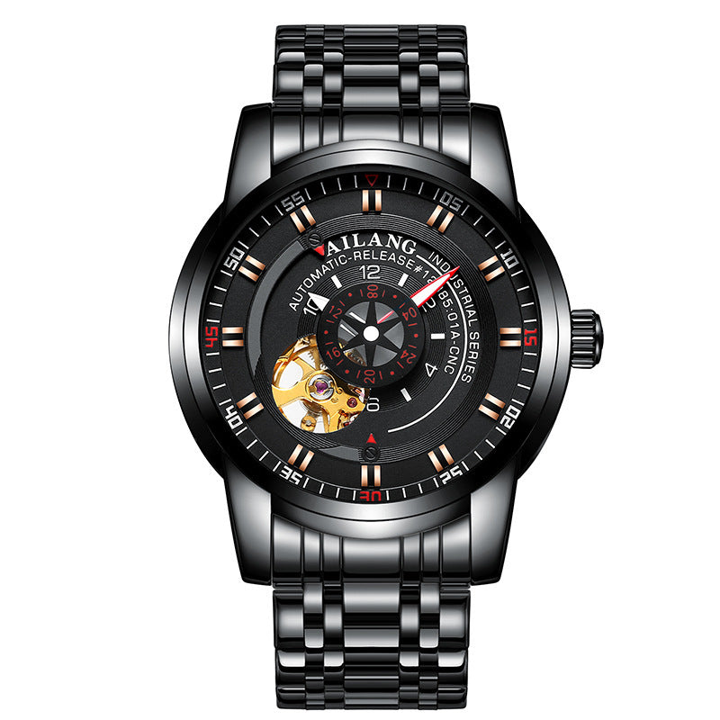 A men's automatic mechanical watch with a blue dial, black stainless steel band, and rose gold buckle.