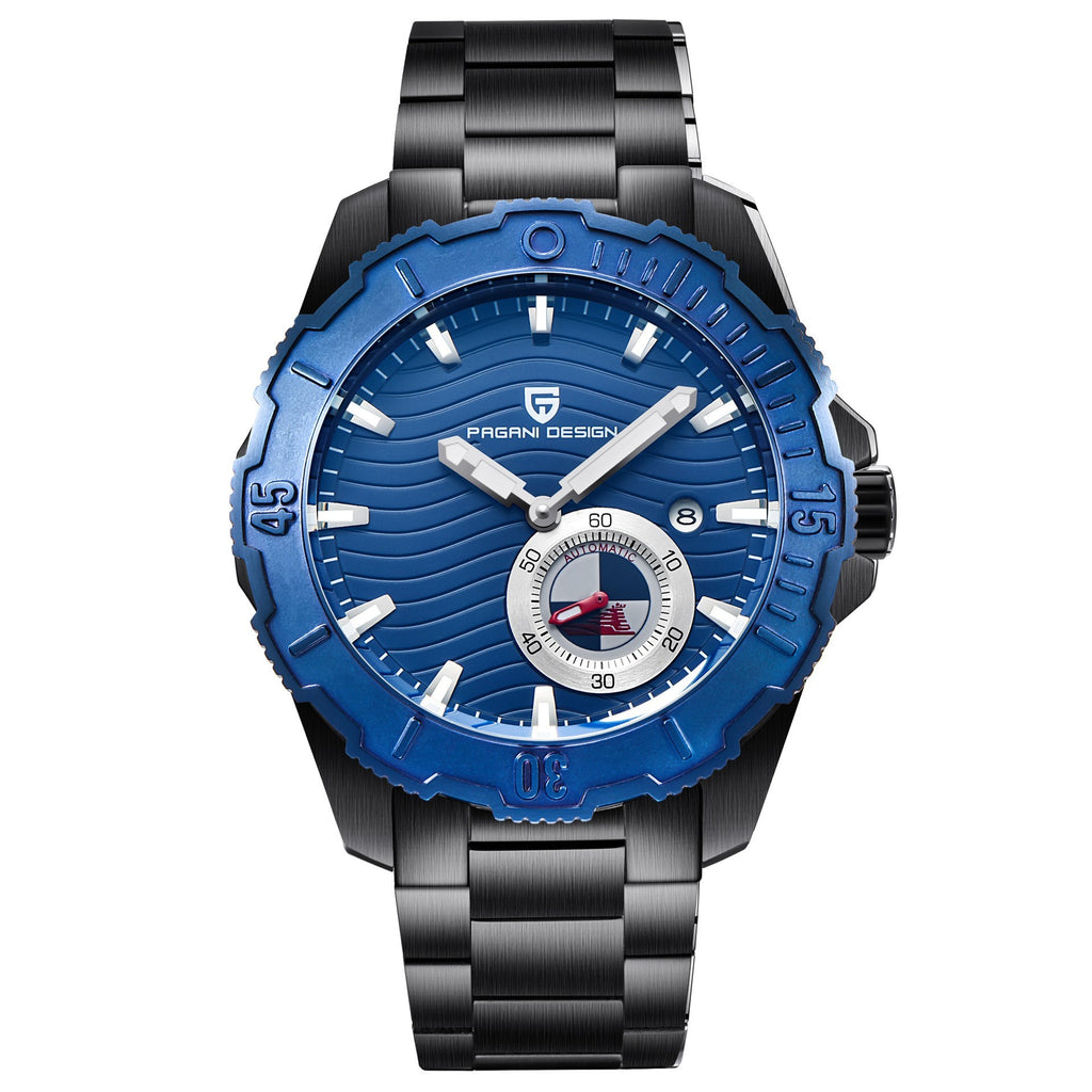 A PAGANI DESIGN men's watch with a blue dial, black case, and black band.