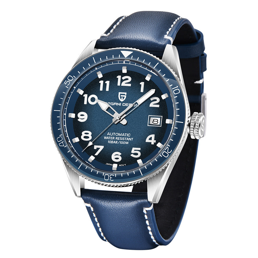 A PAGANI DESIGN mechanical men's watch with a blue leather strap, silver stainless steel case, and a blue dial with white numerals.