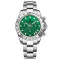 A men's quartz watch with a green dial, stainless steel bracelet, and luminous hands.