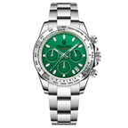 A men's quartz watch with a green dial, stainless steel bracelet, and luminous hands.