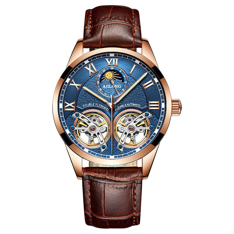 A men's mechanical watch with a blue dial, gold case, and black leather strap.