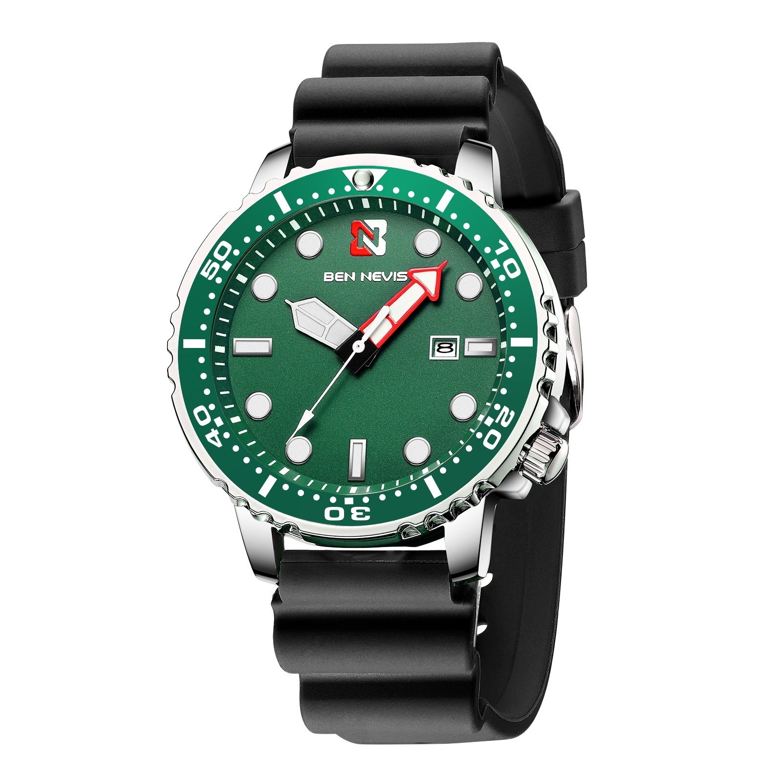 A blue men's analog watch with a silicone band and a dial featuring a red hand, hour markers, and a date display.