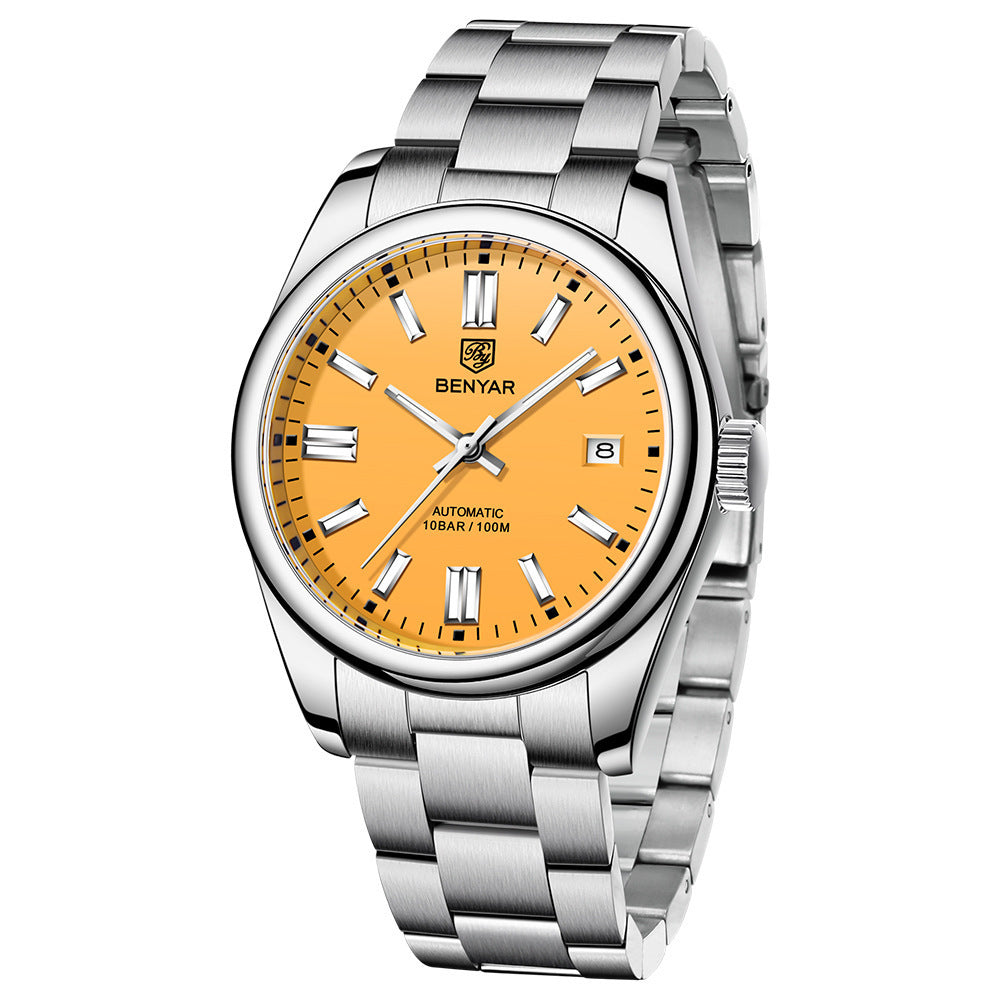 A silver-colored men's mechanical watch with a blue dial and stainless steel strap, displaying a screw crown and a date function.