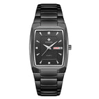 A gold-colored, square-shaped quartz watch with a stainless steel band and a blue dial.