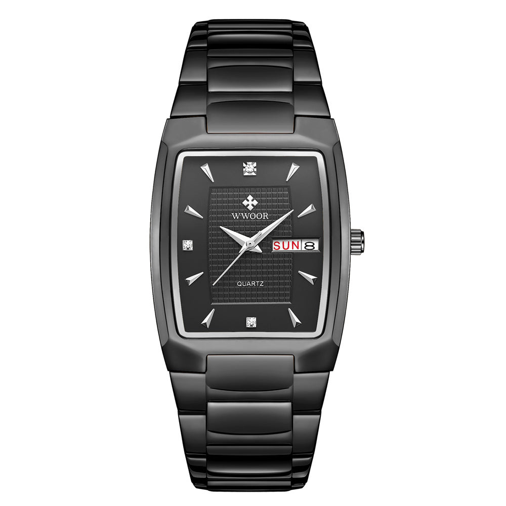 A gold-colored, square-shaped quartz watch with a stainless steel band and a blue dial.