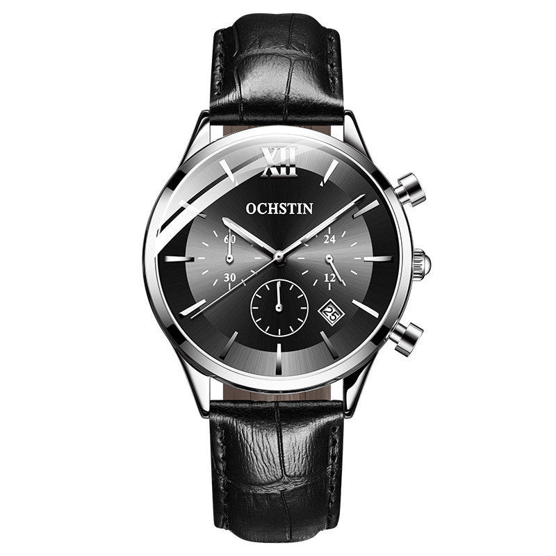 A men's OCHSTIN watch with a black leather band and rose gold case, featuring a black dial with multiple sub-dials and a date display.