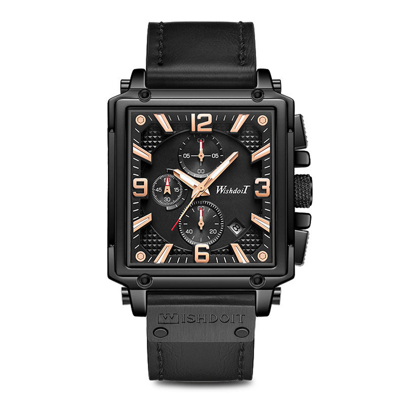 A men's square-shaped watch with a brown leather band and rose gold case, featuring a black dial with indicator needles and a spiral crown.