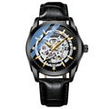 Black wristwatch with visible mechanical components on a white background