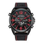 A blue and white men's electronic quartz dual display outdoor sports watch with a leather strap and a round dial.