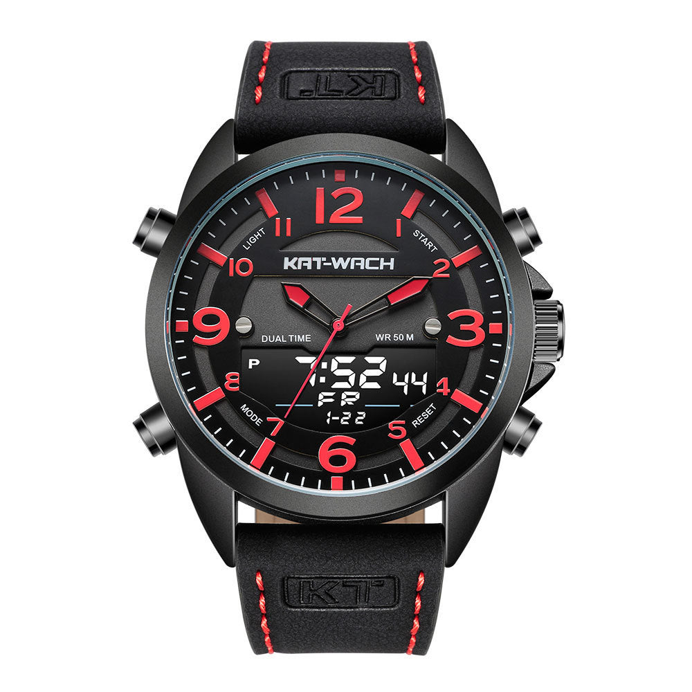 A blue and white men's electronic quartz dual display outdoor sports watch with a leather strap and a round dial.