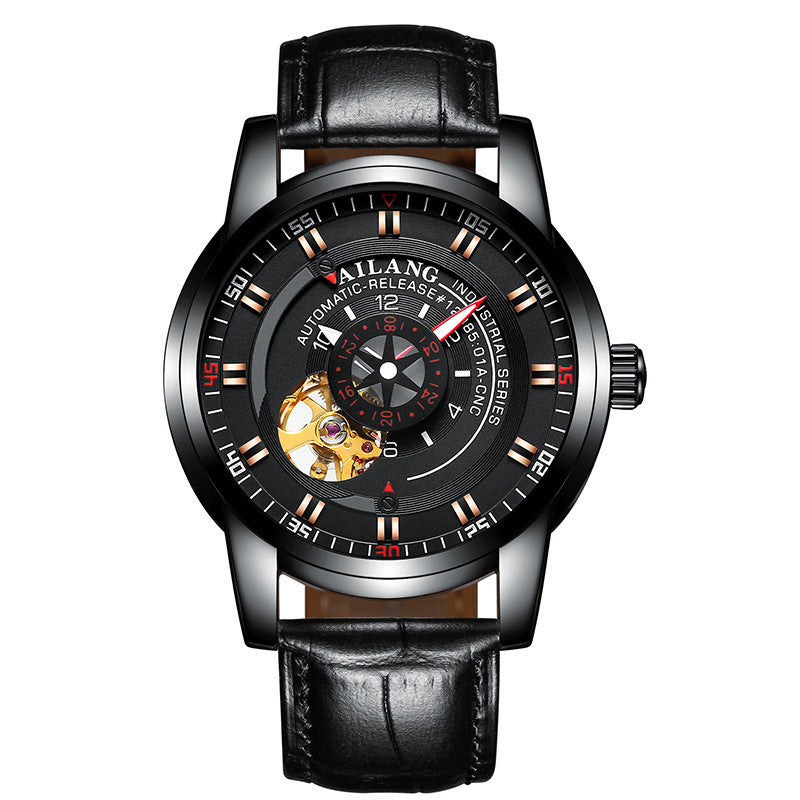 A men's automatic mechanical watch with a blue dial, black stainless steel band, and rose gold buckle.