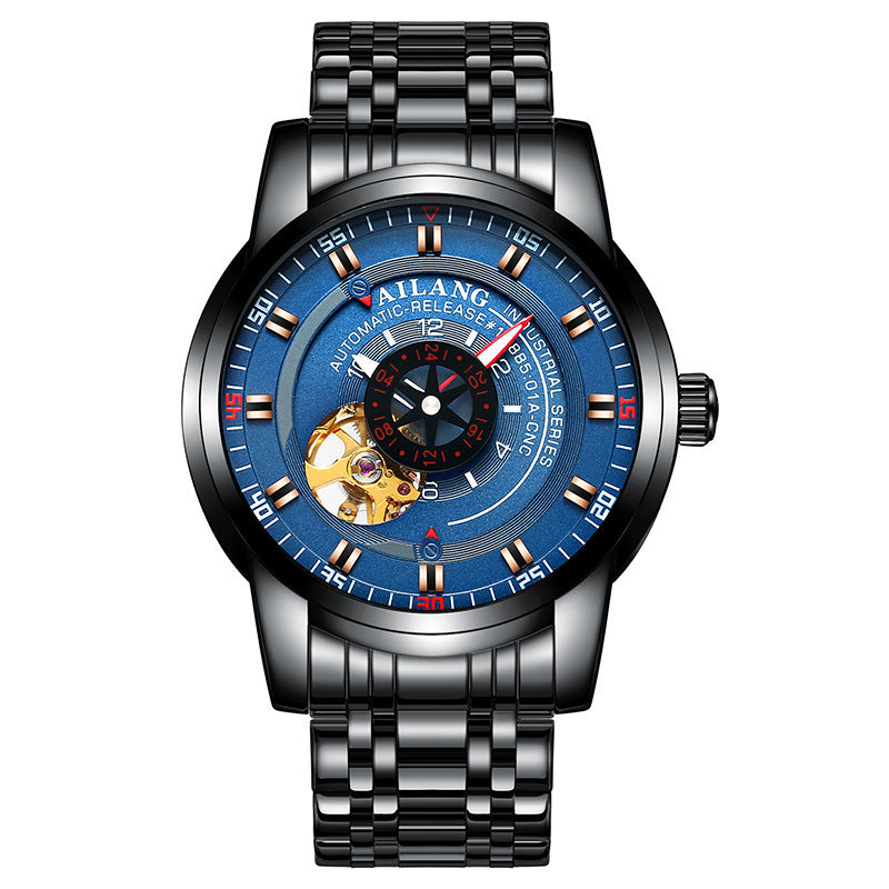 A men's automatic mechanical watch with a blue dial, black stainless steel band, and rose gold buckle.